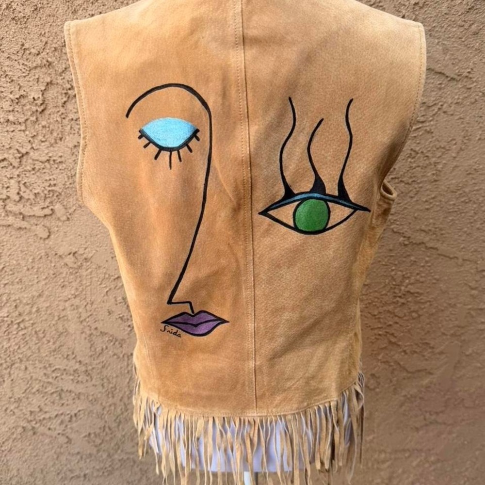 Vintage Frida Kahlo inspired hand painted leather vest with fringe
